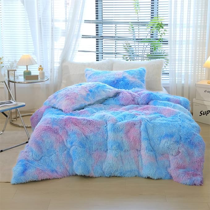 Faux Fur Kids Girls Blue Rainbow Comforter Sets King - 3PC Bed Set Warm Comfortable Soft Plush Flannel Velvet Fluffy Fuzzy Bedding（Comforter x 1 Pillowcases x 2） - LeafyLoom