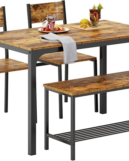SogesHome 4-Piece Kitchen Table and 2 Chairs for 4 with Bench, Dining Table Set for Small Space, Apartment, Living-Room, Restaurant, Vintage Brown - LeafyLoom