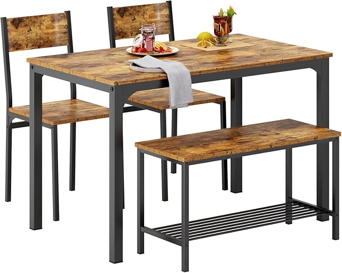 SogesHome 4-Piece Kitchen Table and 2 Chairs for 4 with Bench, Dining Table Set for Small Space, Apartment, Living-Room, Restaurant, Vintage Brown - LeafyLoom