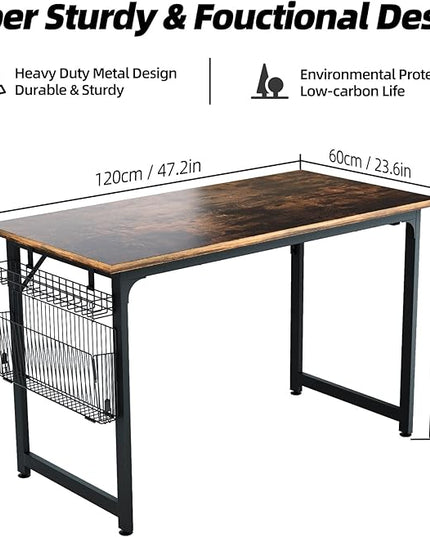 ASTARTH Study Computer Desk-47 Inch Home Office Desk, Wood Storage Table, Modern Writing Style Laptop Table, Black Metal Frame, PC Table with Storage Basket and Headphone Hooks, Rustic Brown - LeafyLoom