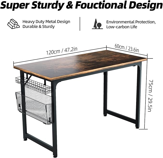 ASTARTH Study Computer Desk-47 Inch Home Office Desk, Wood Storage Table, Modern Writing Style Laptop Table, Black Metal Frame, PC Table with Storage Basket and Headphone Hooks, Rustic Brown - LeafyLoom