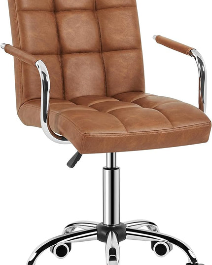 Yaheetech PU Leather Office Desk Chair Mid Back Height Adjustable Chair Comfortable Computer Swivel Chair w/Armrests, Retro Brown - LeafyLoom