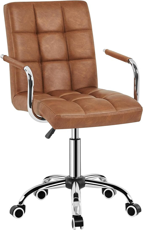 Yaheetech PU Leather Office Desk Chair Mid Back Height Adjustable Chair Comfortable Computer Swivel Chair w/Armrests, Retro Brown - LeafyLoom