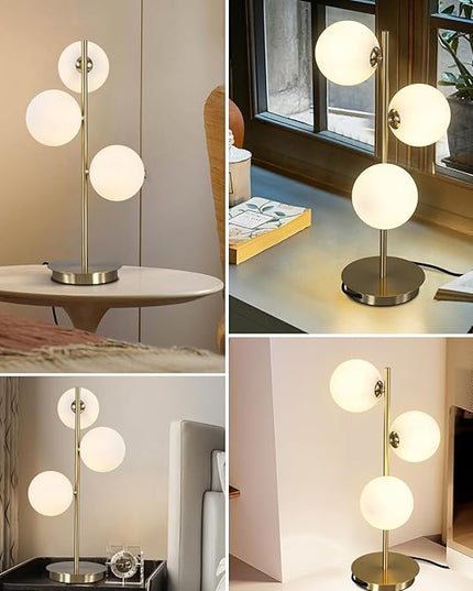 Modern Glass Globe Table Lamp 3 Lights Mid Century Small Gold Desk Lamp Contemporary Minimalist Brass Bedside Table Lamps with White Glass Shade Reading Lamp for Bedroom Office G9 MTL03-W - LeafyLoom