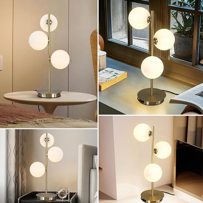 Modern Glass Globe Table Lamp 3 Lights Mid Century Small Gold Desk Lamp Contemporary Minimalist Brass Bedside Table Lamps with White Glass Shade Reading Lamp for Bedroom Office G9 MTL03-W - LeafyLoom