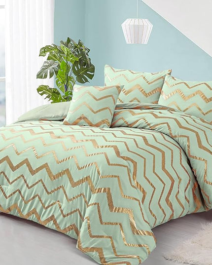 Sage Green/Gold Comforter Set Queen, Metallic Print Glitter Bedding Set Cute Shinny Bed Sets for Teen Girls Kids Women, 4 Piece (2 Pillowcases, 1 Decorative Pillow Sham) - LeafyLoom