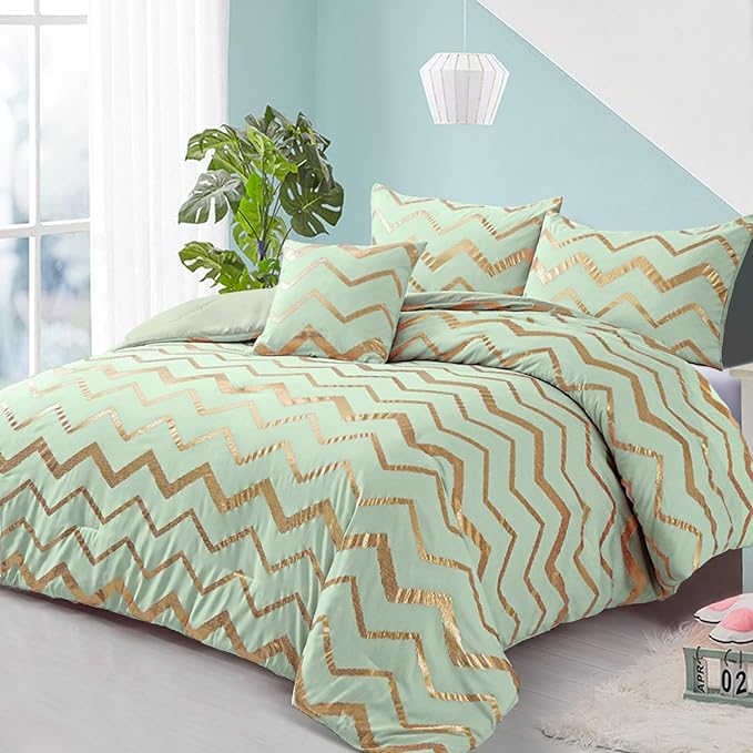 Sage Green/Gold Comforter Set Queen, Metallic Print Glitter Bedding Set Cute Shinny Bed Sets for Teen Girls Kids Women, 4 Piece (2 Pillowcases, 1 Decorative Pillow Sham) - LeafyLoom