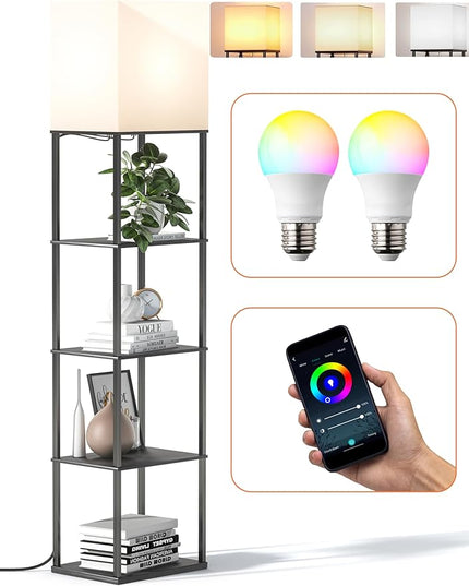 sympa Floor Lamp with Shelves, 5-Tier Floor Lamps for Living Room with 2 RGB Bulbs, APP Controlled, Pull Chain Switch, Modern Floor Lamp with White lampshade for Living Room, Bedroom and Office - LeafyLoom