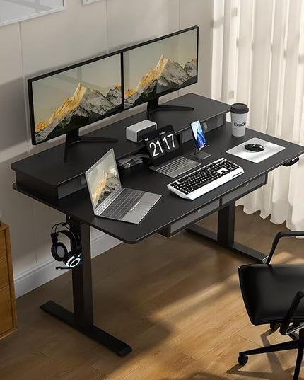 55 * 30 Inches Electric Standing Widened Desk Adjustable Height with 4 Drawers, Double Storage Shelves Stand Up Desk, Home Office Workstation Sit Stand up Desk (Classical Black) - LeafyLoom