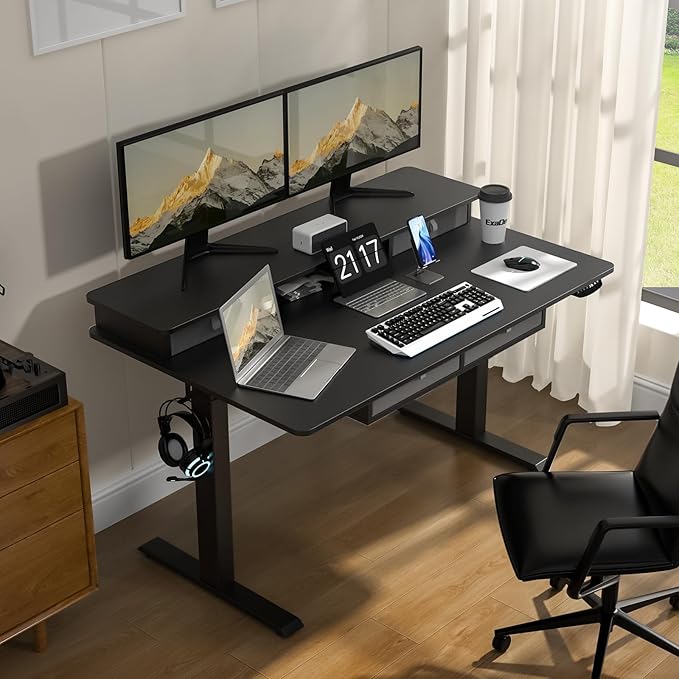 55 * 30 Inches Electric Standing Widened Desk Adjustable Height with 4 Drawers, Double Storage Shelves Stand Up Desk, Home Office Workstation Sit Stand up Desk (Classical Black) - LeafyLoom