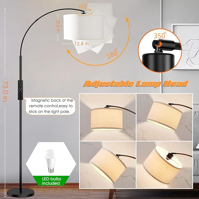 Arc Floor Lamps for Living Room,Modern Standing Lamp with Remote Control,Tall Lamp with Stepless Dimmable,5 Color temperatures,Over Couch Arched Reading Light for Bedroom,Office(Bulb Included) - LeafyLoom