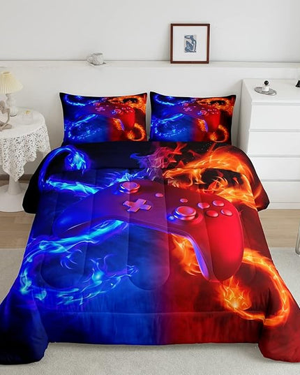 Ice Fire Dragon Comforter Set for Boys Teens Kids Gamer Games Room Decor Bedding Set Blue Red Gaming Gamepad Down Comforter ,Fairy Tale Animals Theme Room Decor 2Pcs Duvet Insert King Size,Soft - LeafyLoom