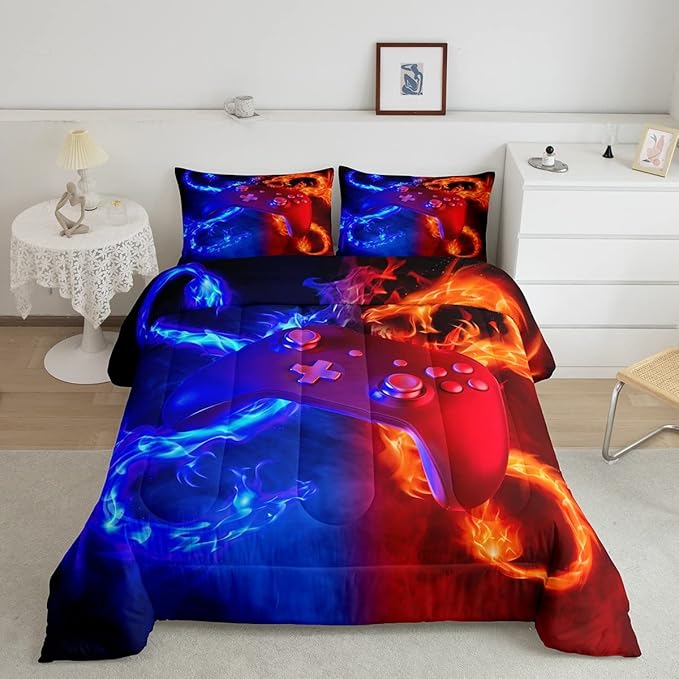 Ice Fire Dragon Comforter Set for Boys Teens Kids Gamer Games Room Decor Bedding Set Blue Red Gaming Gamepad Down Comforter ,Fairy Tale Animals Theme Room Decor 2Pcs Duvet Insert King Size,Soft - LeafyLoom