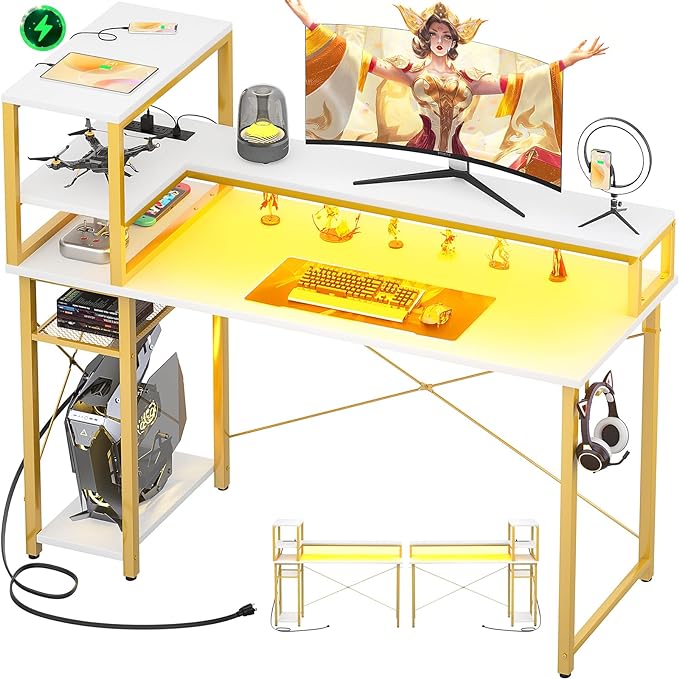 47" Gaming Desk with Storage, Computer Desk with LED Lights, Home Office Desk with Adjustable Shelves & Power Outlets, Gaming Computer Desk with Long Monitor Stand for Small Spaces, White Gold - LeafyLoom