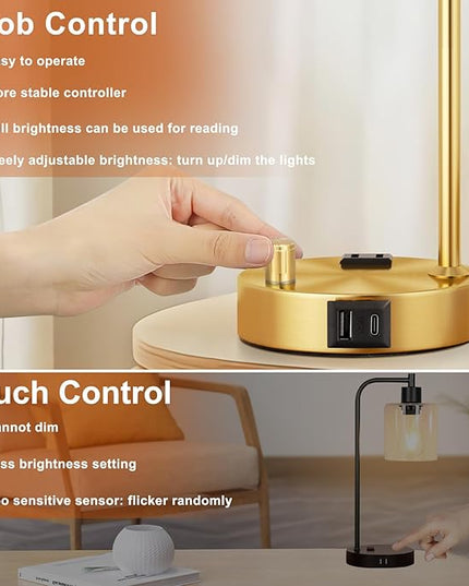 Innqoo Industrial Table Lamps for Bedroom Set of 2 - Fully Dimmable Bedside Lamps with USB Ports and Outlet, Gold Nightstand Lamps with Opal Glass Shade for Living Room, Desk Lamps for Office Reading - LeafyLoom