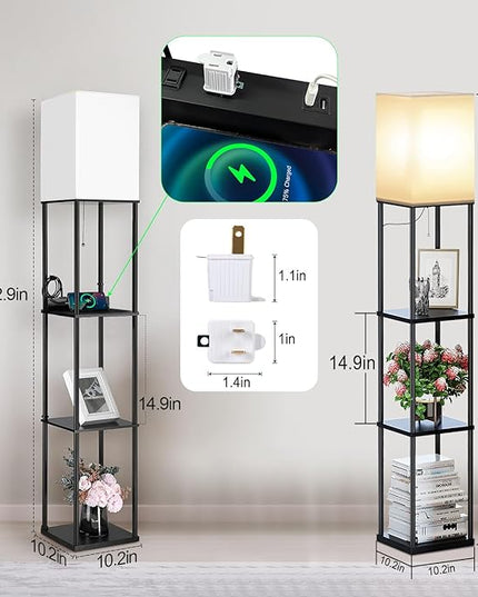 2 Packs Floor Lamp w. Shelves Including 2AC Outlets & 2USB Ports 9W LED Light Bulb 3 Color Temperature Soft/Cool/Daylight White w. 2PCS Acrylic Photo Frame for Living Room/Bedroom - LeafyLoom