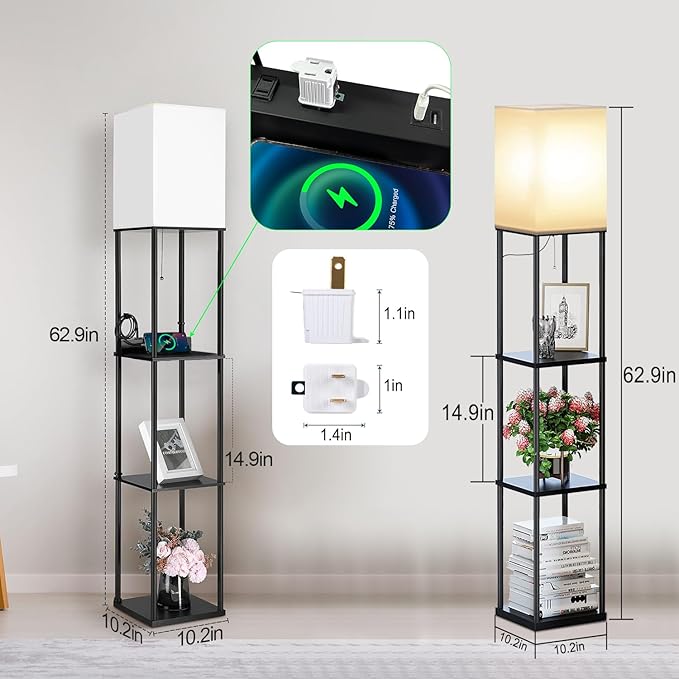 2 Packs Floor Lamp w. Shelves Including 2AC Outlets & 2USB Ports 9W LED Light Bulb 3 Color Temperature Soft/Cool/Daylight White w. 2PCS Acrylic Photo Frame for Living Room/Bedroom - LeafyLoom