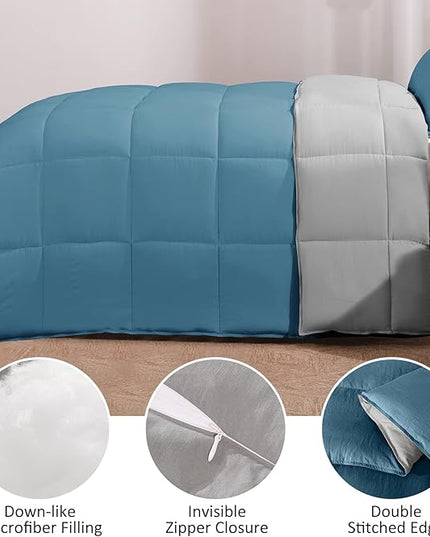 Basic Beyond King Size Comforter Set - Fluffy King Bed Comforter Set for All Seasons - Reversible Blue Comforter Set King - 3 Pieces (1 Comforter + 2 Pillow Shams) - Blue/Grey - LeafyLoom