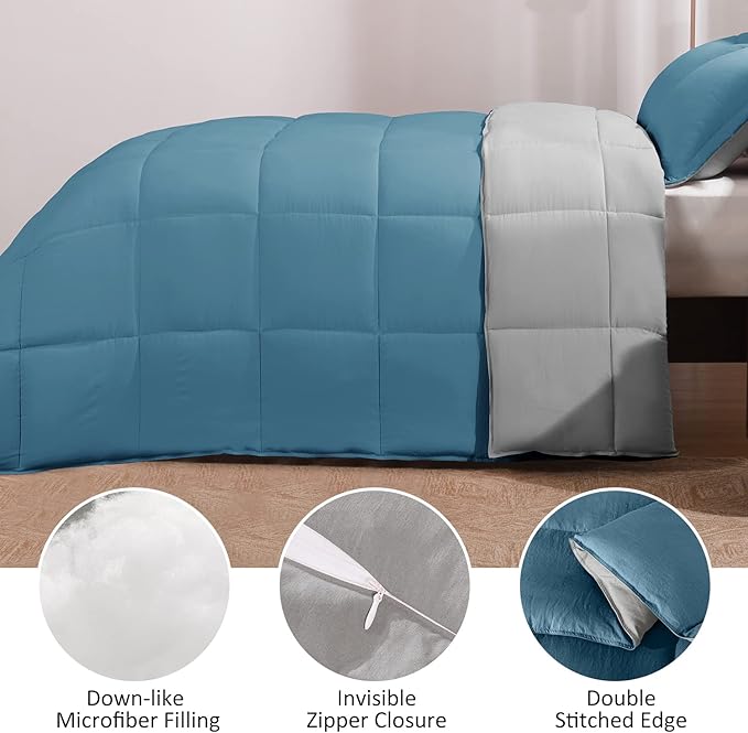 Basic Beyond King Size Comforter Set - Fluffy King Bed Comforter Set for All Seasons - Reversible Blue Comforter Set King - 3 Pieces (1 Comforter + 2 Pillow Shams) - Blue/Grey - LeafyLoom