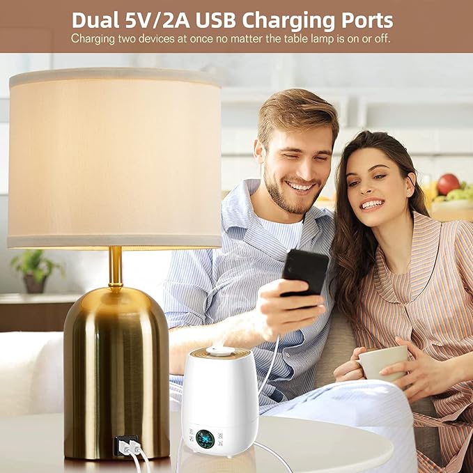 Touch Control Table Lamps Set of 2, Bedside Table Lamps for Bedrooms Set of 2 Modern Living Room 3 Way Dimmable Gold Bedside Lamp for End Table with 2 USB Charging Ports, 2 Bulbs Included - LeafyLoom