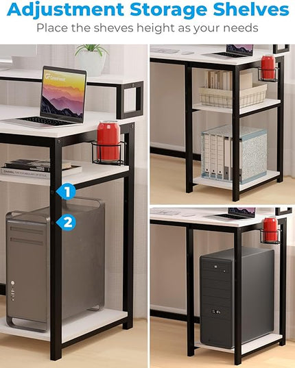GreenForest Computer Desk with USB Charging Port and Power Outlet, Reversible Small Desk with Monitor Stand and Storage Shelves for Home Office, 40 in Work Desk with Cup Holder Hook, White - LeafyLoom