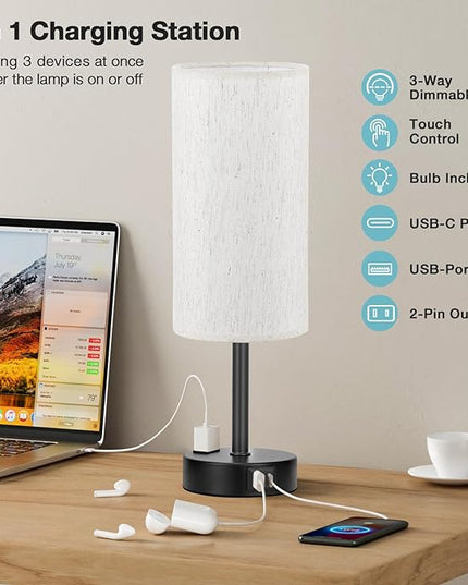Light Beige Table Lamp for Nightstand - 3 Way Dimmable Bedside Lamp for Bedroom with USB C A Charging Ports and AC Outlet, Small Desk Lamp with Black Base for Living Room, Office, LED Bulb Included - LeafyLoom