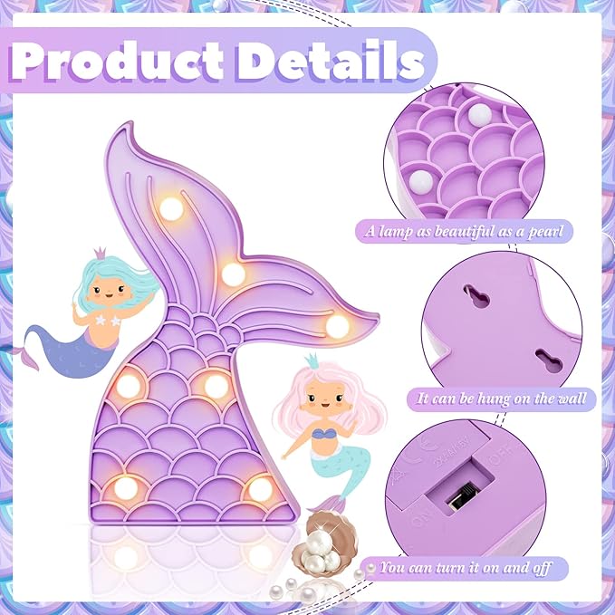 4 Pcs Cute Mermaid Tail Night Light Mermaid Party Supplies Birthday Party Decor Mermaid Lamp Battery Operated LED Light for Table Wall Bedrooms Living Room for Girl Boy Kid Gifts, 4 Colors - LeafyLoom