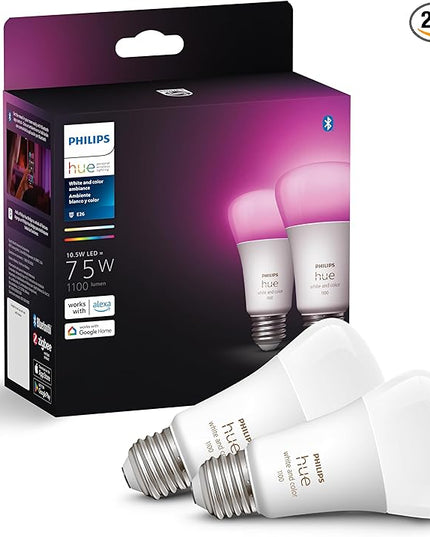 Philips Hue A19 LED Smart Light Bulbs - Flicker-Free 75w Light Bulbs - Control with Hue App - Compatible with Alexa, Google Assistant, and Apple HomeKit - E26 Base - 2 Pack PhilipsHue