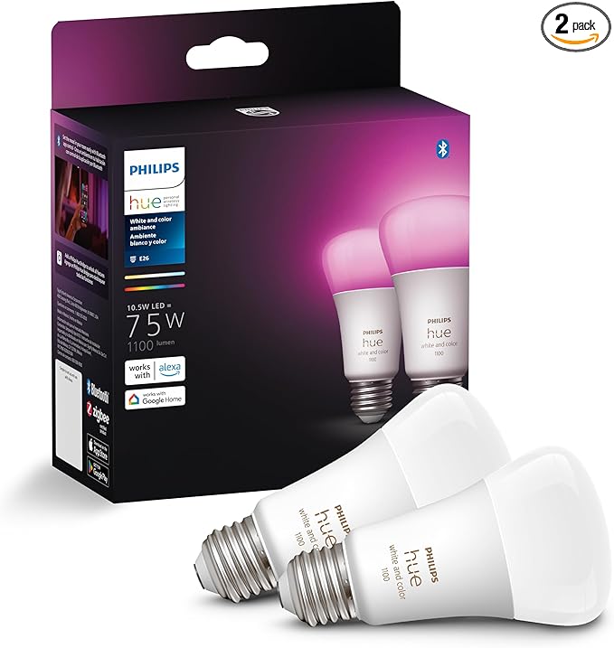 Philips Hue A19 LED Smart Light Bulbs - Flicker-Free 75w Light Bulbs - Control with Hue App - Compatible with Alexa, Google Assistant, and Apple HomeKit - E26 Base - 2 Pack PhilipsHue