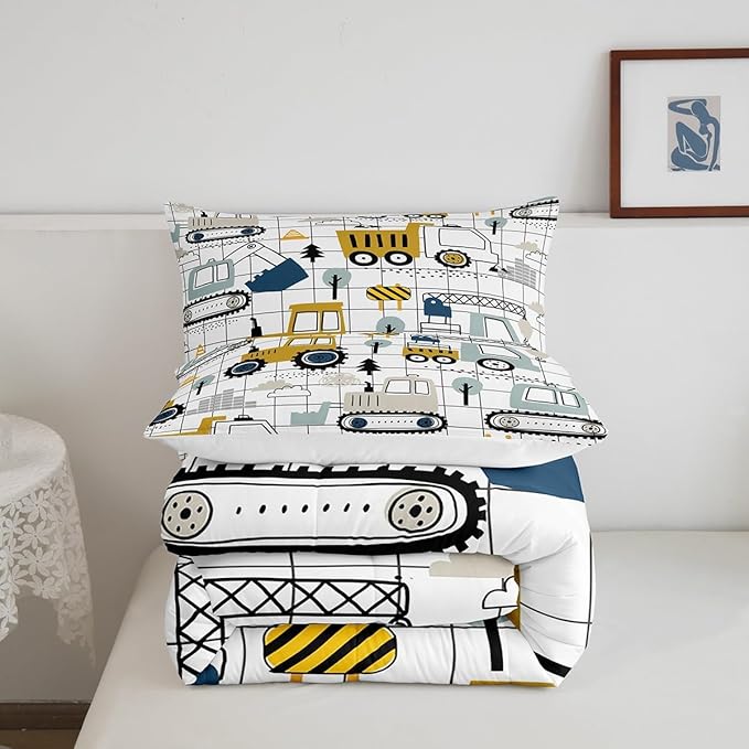 Feelyou Construction Comforter Set Twin Size Kids Excavator Tractor Toddler Comforter Cartoon Car Equipment Trucks Plaid Grid Comforter Set Construction Vehicles WhiteDuvet Set Quilt Set - LeafyLoom