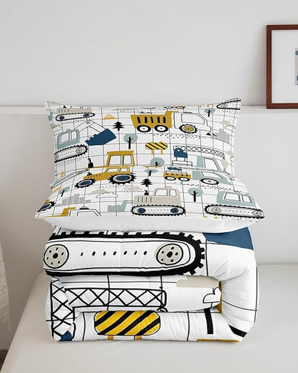 Feelyou Construction Comforter Set Full Size Kids Excavator Tractor Toddler Comforter Cartoon Car Equipment Trucks Plaid Grid Comforter Set Construction Vehicles WhiteDuvet Set Quilt Set - LeafyLoom