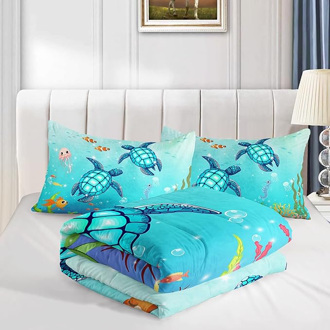 Turtle Comforter Set Queen Ocean Watercolor Sea Turtle Bedding Set Nautical Sea Animal Reptile Bed Set with 2 Pillowcases for Kids Room Decor - LeafyLoom