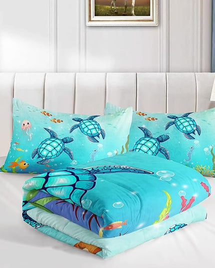 Turtle Comforter Set Twin Ocean Watercolor Sea Turtle Bedding Set Nautical Sea Animal Reptile Bed Set with 2 Pillowcases for Kids Room Decor - LeafyLoom
