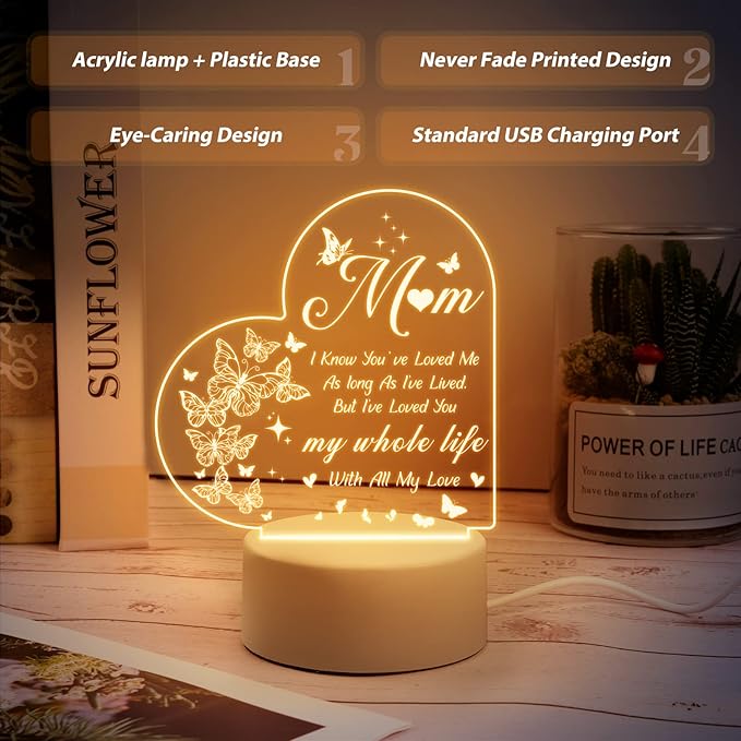 Mothers Day Gifts, Gifts for Mom, Birthday Gifts for Mom from Daughter Son, Best Mom Ever Gifts for Thanksgiving, Christmas, Engraved Night Light Gifts for Mom Who Has Everything, Bonus Mom, Stepmom - LeafyLoom