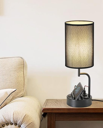 Dreamholder Table Lamp with 3 USB Charging Ports, Modern Desk Lamp with AC Outlet and Phone Stands, Perfect Bedside Lamp for Bedroom, Living Room, Office (Pack of 2), Black - LeafyLoom