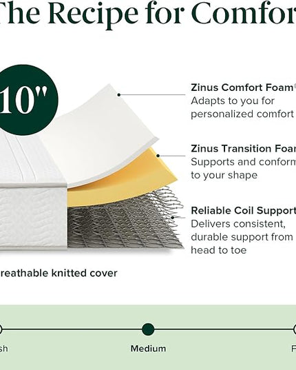 ZINUS 10 Inch Foam and Spring Hybrid Mattress [New Version], Full, Fiberglass free, Medium Firmness, Durable Support, Certified Safe Foams & Fabric, Mattress in A Box - LeafyLoom