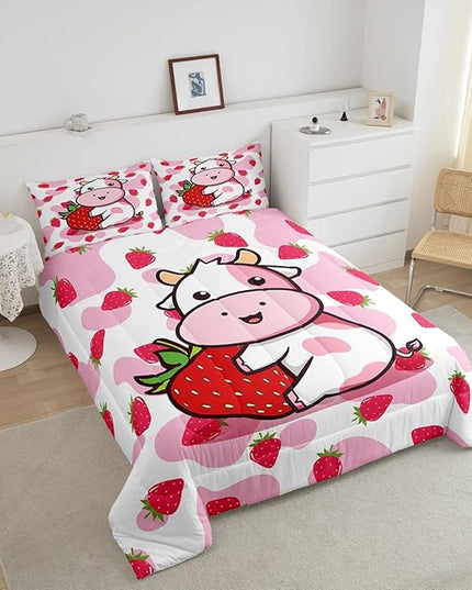 Feelyou Milk Cow Comforter Pink White Cow Strawberry Comforter Set Bedding Set for Kids Adults Kawaii Girls Milk Cow Print Duvet Set Soft Room Decor King Size Quilt Boys - LeafyLoom