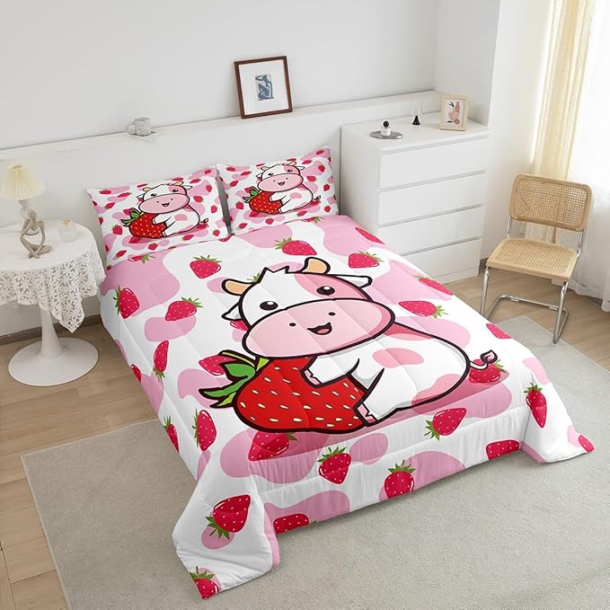 Feelyou Milk Cow Comforter Pink White Cow Strawberry Comforter Set Bedding Set for Kids Adults Kawaii Girls Milk Cow Print Duvet Set Soft Room Decor King Size Quilt Boys - LeafyLoom