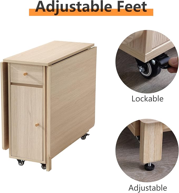 Extendable Drop Leaf Folding Dining Table with 2 Drawers and 4 Wheels for Living Room Kitchen Farmhouse Space Saving Table in Wood Color - LeafyLoom