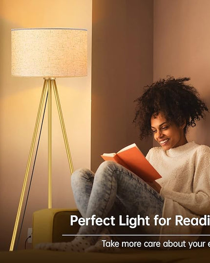 BoostArea Floor Lamp for Living Room, Tripod Floor Lamp, 15W LED Bulb, 3 Levels Dimmable Brightness, Linen Lamp Shade, Mid Century Standing Lamp for Living Room, Bedroom, Study Room and Office(Gold) - LeafyLoom