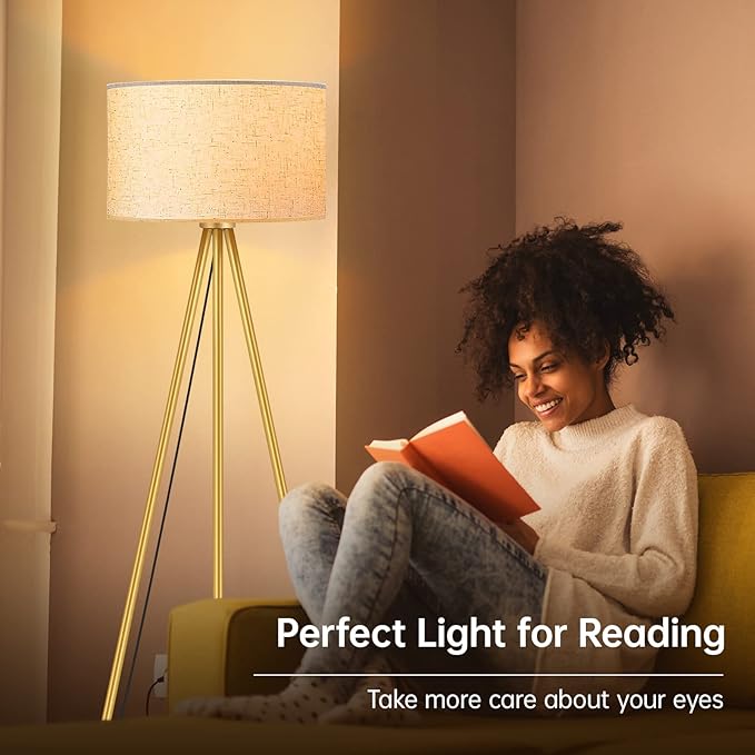 BoostArea Floor Lamp for Living Room, Tripod Floor Lamp, 15W LED Bulb, 3 Levels Dimmable Brightness, Linen Lamp Shade, Mid Century Standing Lamp for Living Room, Bedroom, Study Room and Office(Gold) - LeafyLoom