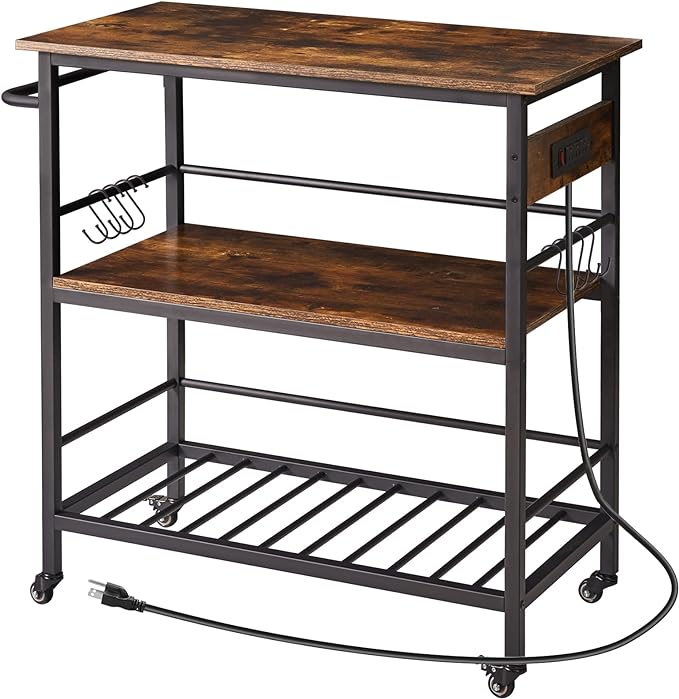 IBUYKE Kitchen Island with 3 Shelves, Island Table for Kitchen with Power Outlet,Kitchen Cart with Large Worktop,Rolling Bar Cart for Home, Outdoor, Kitchen, Living Room TMJ024H - LeafyLoom