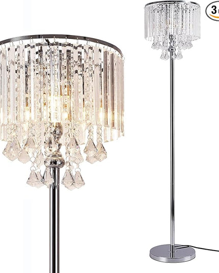 Modern Elegance Crystal Floor Lamp, On/Off Foot Switch, Crystal & Glass 3-Lights Standing Light, Reading Corner Lamp for Office Cafe, Den, Living Room Bedroom Chrome Finish - LeafyLoom
