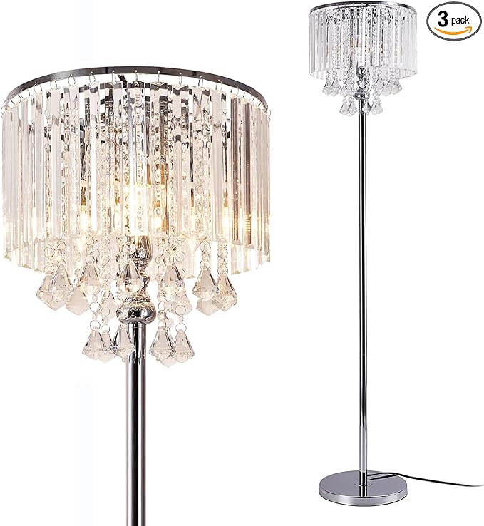 Modern Elegance Crystal Floor Lamp, On/Off Foot Switch, Crystal & Glass 3-Lights Standing Light, Reading Corner Lamp for Office Cafe, Den, Living Room Bedroom Chrome Finish - LeafyLoom