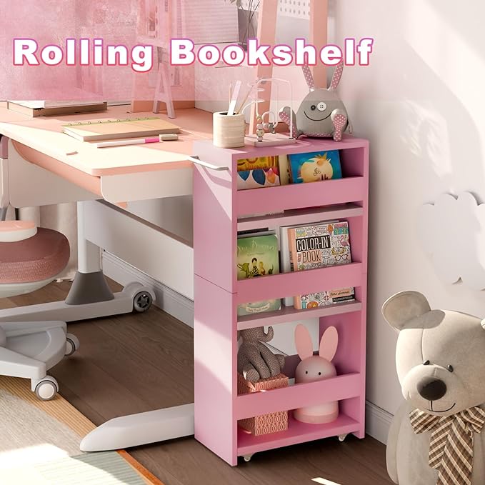 MARTY Rolling Storage Cart 7.9" W, Pink 4-Tier Wood Slim Kitchen Cart on Wheels, Laundry Room Organization with Handle Mobile Bookshelf Utility Cart Trolley for Kitchen Bathroom - LeafyLoom