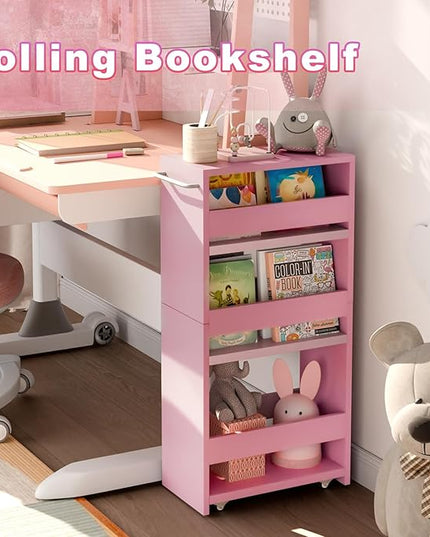 MARTY Pink Slim Storage Cart, 4-Tier Rolling Bookshelf Kitchen Cart on Wheels, Laundry Room Organization with Handle Slide Out Utility Cart Shelving Unit Trolley for Narrow Places - LeafyLoom