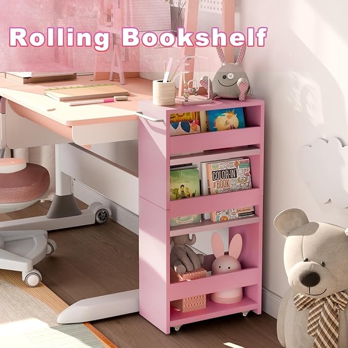 MARTY Pink Slim Storage Cart, 4-Tier Rolling Bookshelf Kitchen Cart on Wheels, Laundry Room Organization with Handle Slide Out Utility Cart Shelving Unit Trolley for Narrow Places - LeafyLoom