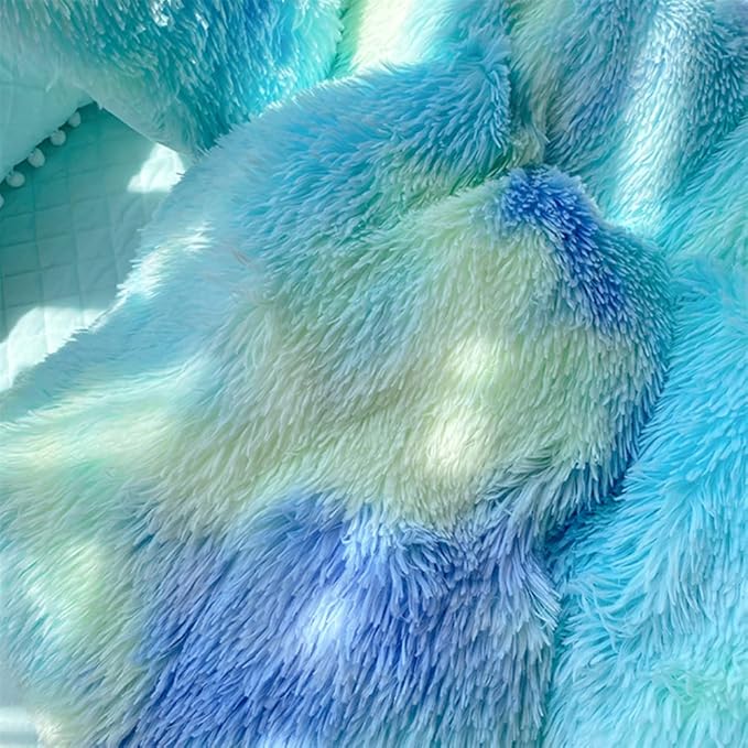 Faux Fur Kids Girls Green Rainbow Comforter Sets King - 3PC Bed Set Warm Comfortable Soft Plush Flannel Velvet Fluffy Fuzzy Bedding（Comforter x 1 Pillowcases x 2） - LeafyLoom