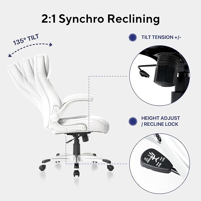 Nouhaus Ergonomic Office Chair Premium Microfiber Leather Adjustable Lumbar Support, Home Desk Gaming Chairs Executive Computer Chair with Adjustable Armrests (Posture,White) - LeafyLoom