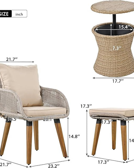 5-Pieces Outdoor Furniture Bistro Set with Wicker Cool Bar Table, Rope Weaving Patio Chairs and Ottomans for Porch Backyard Balcony Poolside, Onesize, Brown - LeafyLoom